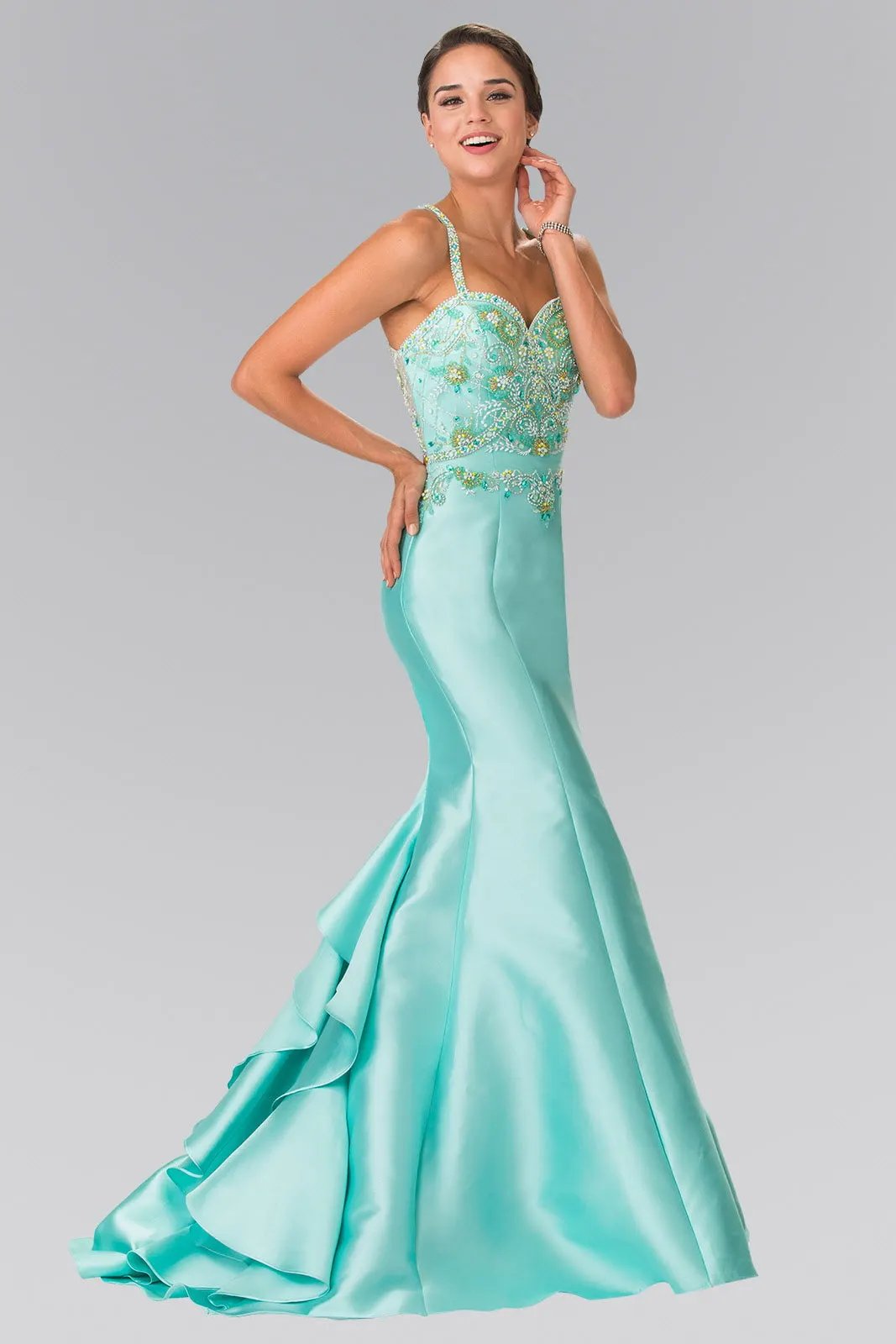 Ruffle-Back Sweetheart Mikado Dress Accented with Beading Details by Tux-USA