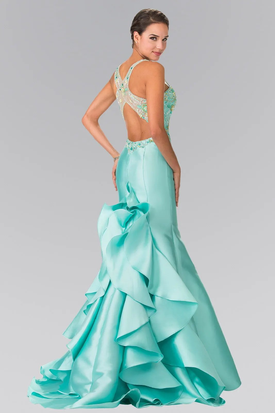 Ruffle-Back Sweetheart Mikado Dress Accented with Beading Details by Tux-USA