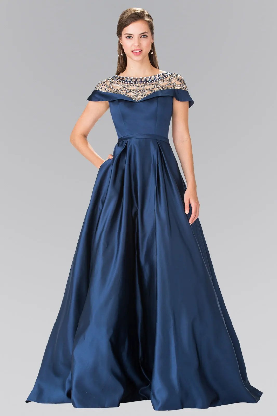 Beads Embellished Mikado Long Dress with Sheer Back by Tux-USA