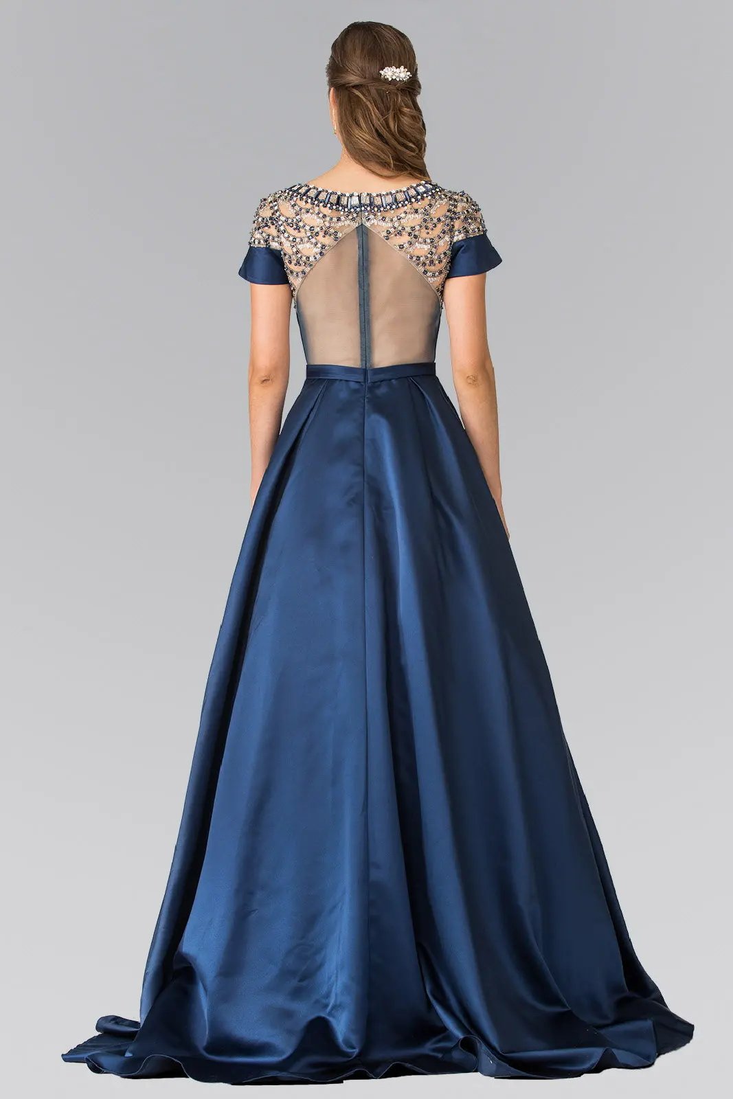 Beads Embellished Mikado Long Dress with Sheer Back by Tux-USA