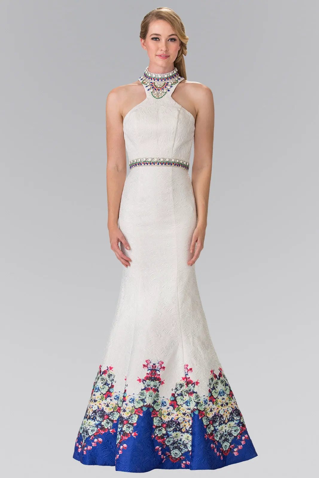 Flower Print Mermaid Long Dress with Jewel Beaded High Neck by Tux-USA