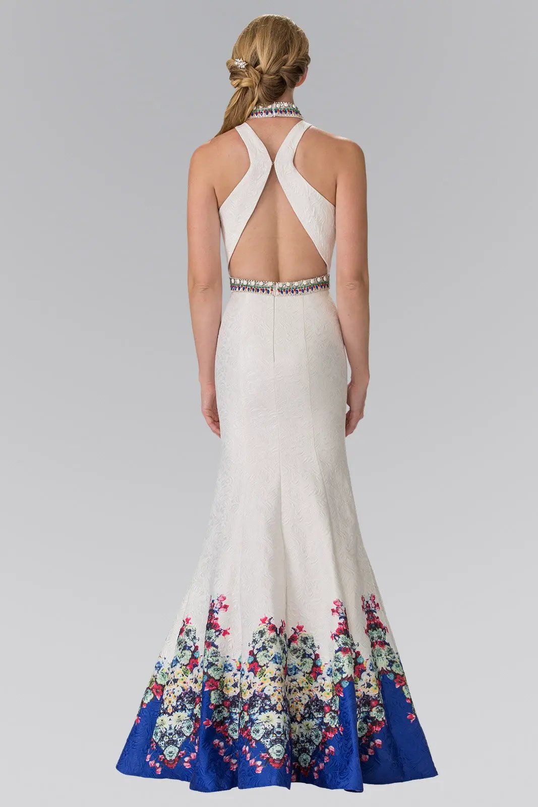 Flower Print Mermaid Long Dress with Jewel Beaded High Neck by Tux-USA