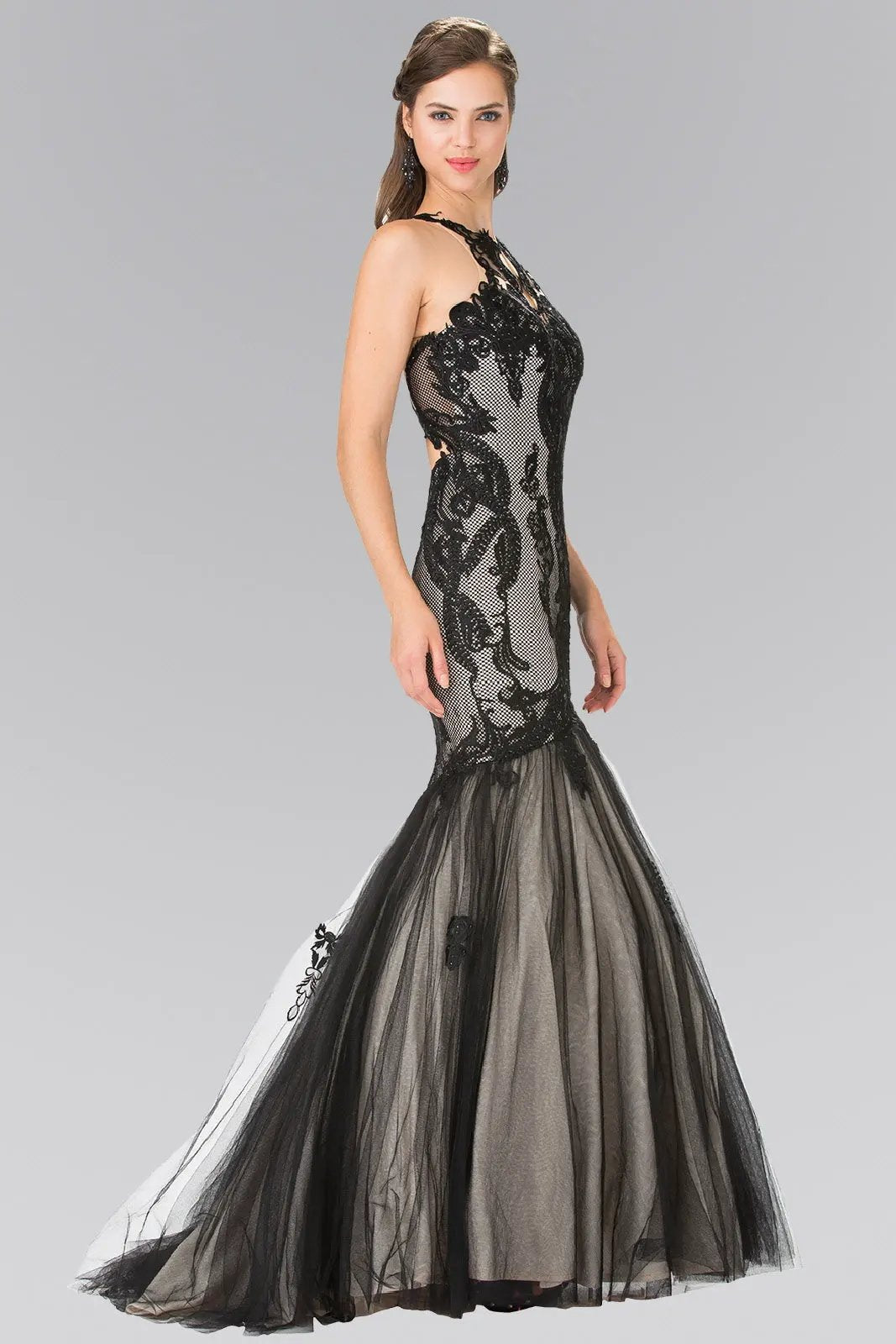 Halter Neck Long Mermaid Prom Dress with Lace Applique and Sheer Lace Back by Tux-USA