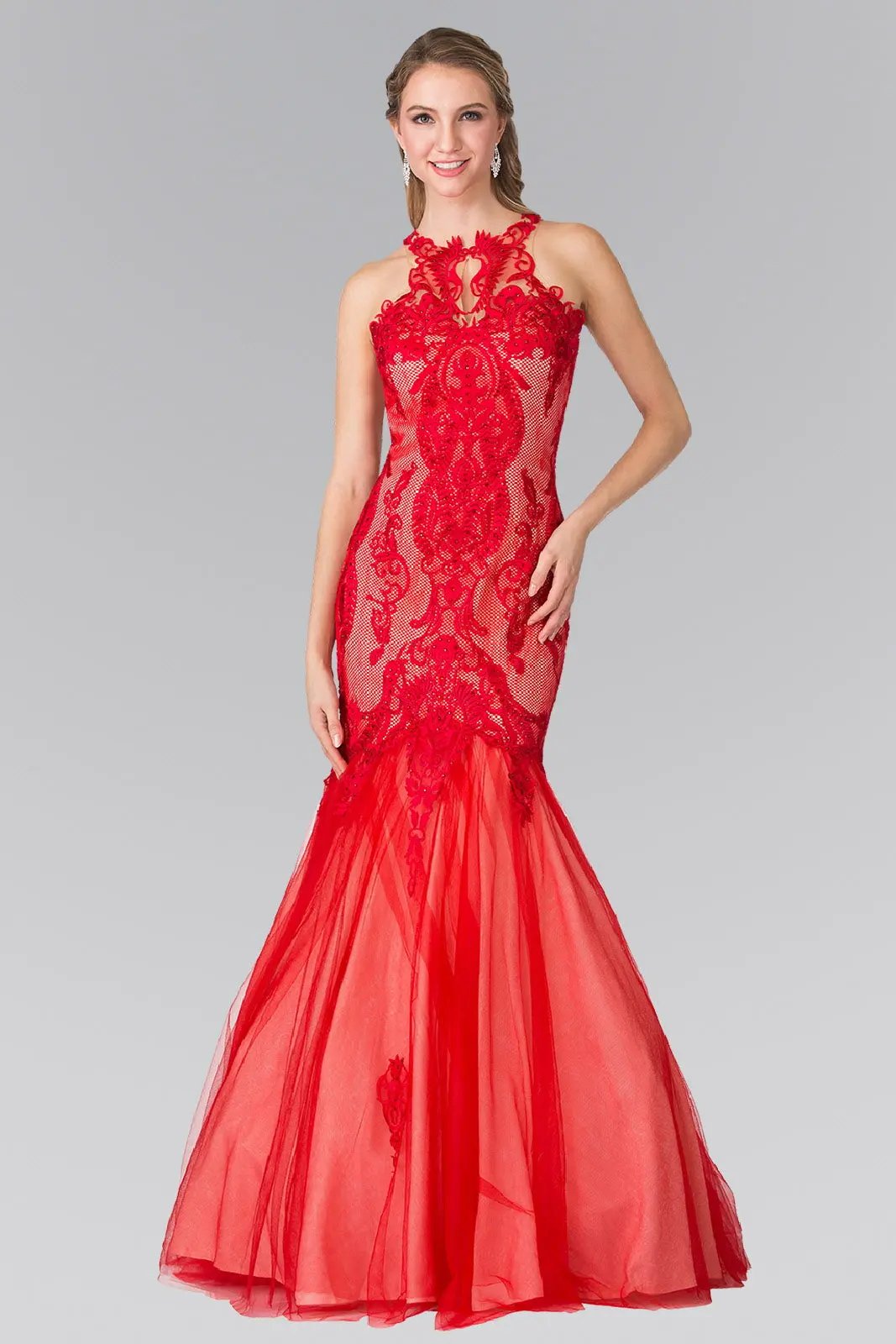 Halter Neck Long Mermaid Prom Dress with Lace Applique and Sheer Lace Back by Tux-USA