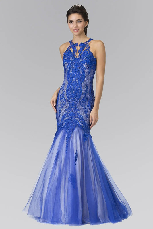 Halter Neck Long Mermaid Prom Dress with Lace Applique and Sheer Lace Back by Tux-USA