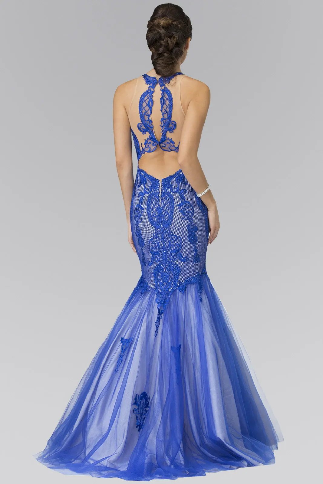 Halter Neck Long Mermaid Prom Dress with Lace Applique and Sheer Lace Back by Tux-USA