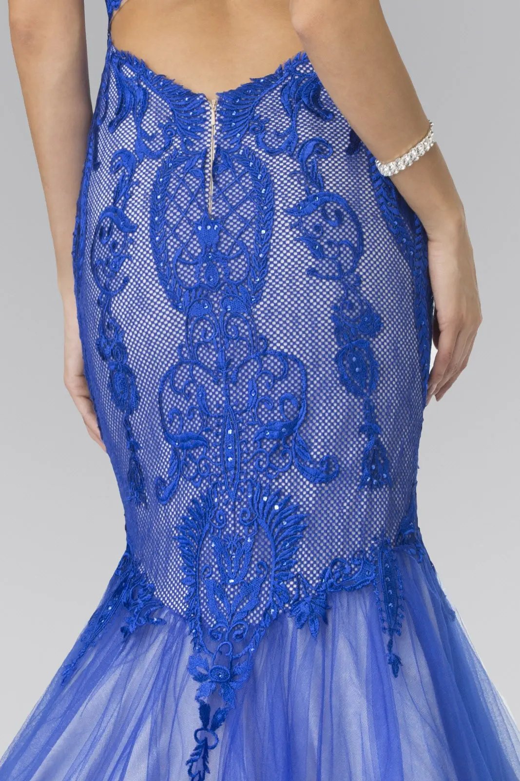 Halter Neck Long Mermaid Prom Dress with Lace Applique and Sheer Lace Back by Tux-USA