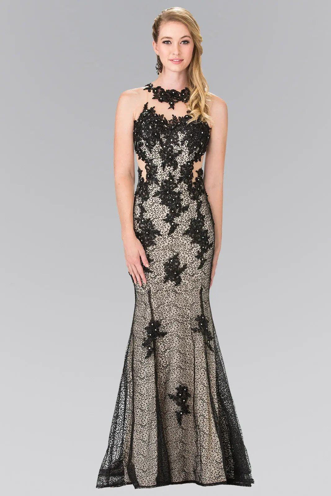 High Neck Mermaid Long Lace Dress with Embroidered Illusion Bodice by Tux-USA