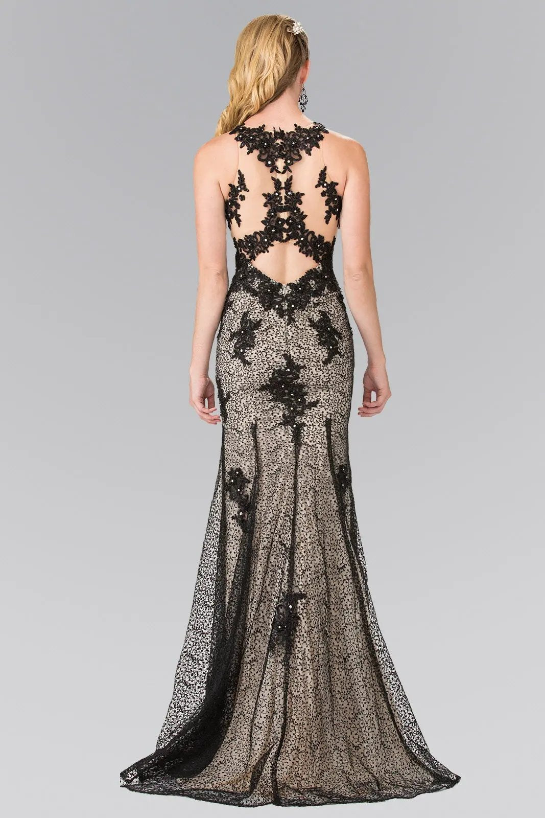 High Neck Mermaid Long Lace Dress with Embroidered Illusion Bodice by Tux-USA