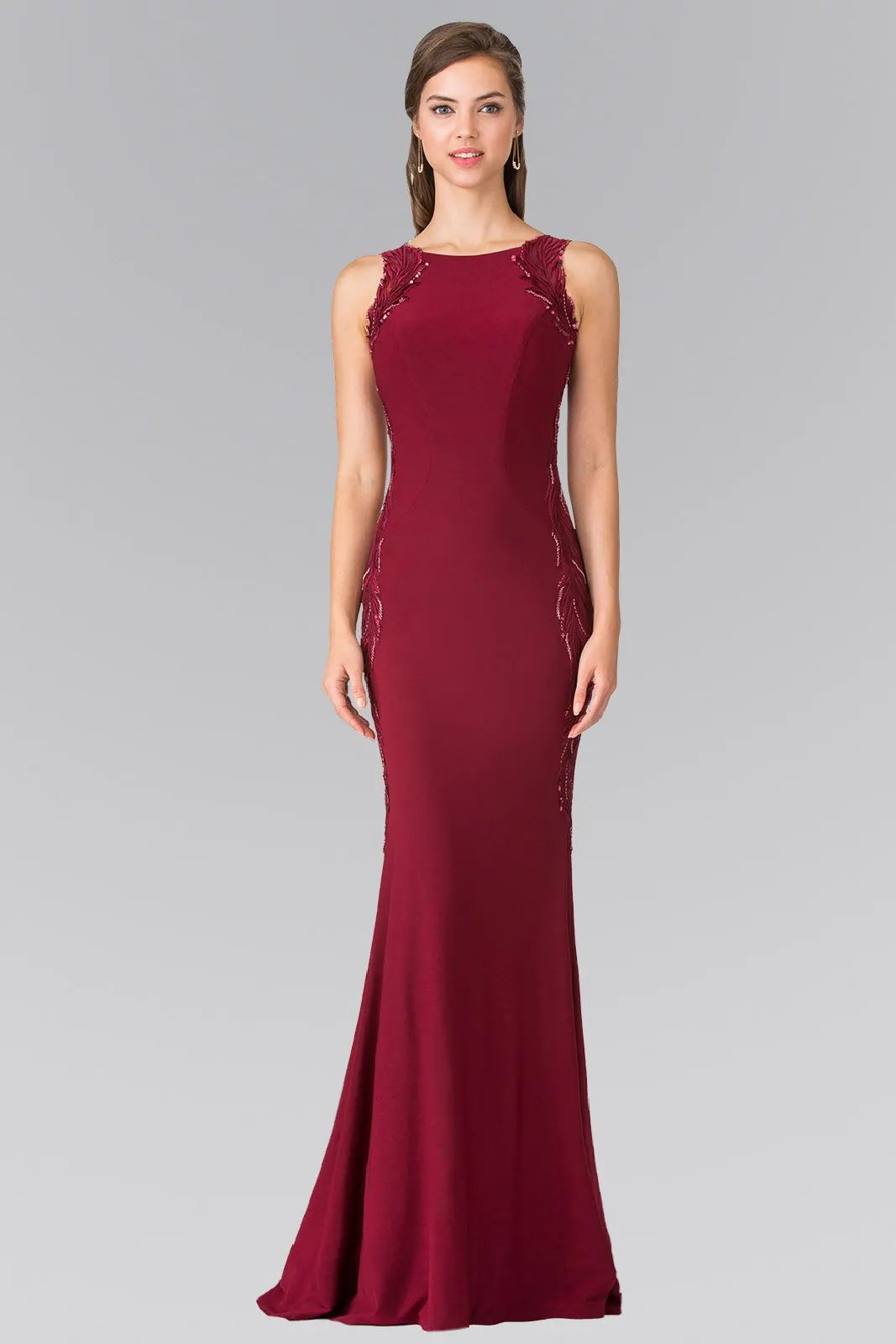 Open-Back Jersey Long Dress Accented with Side Embroidery by Tux-USA