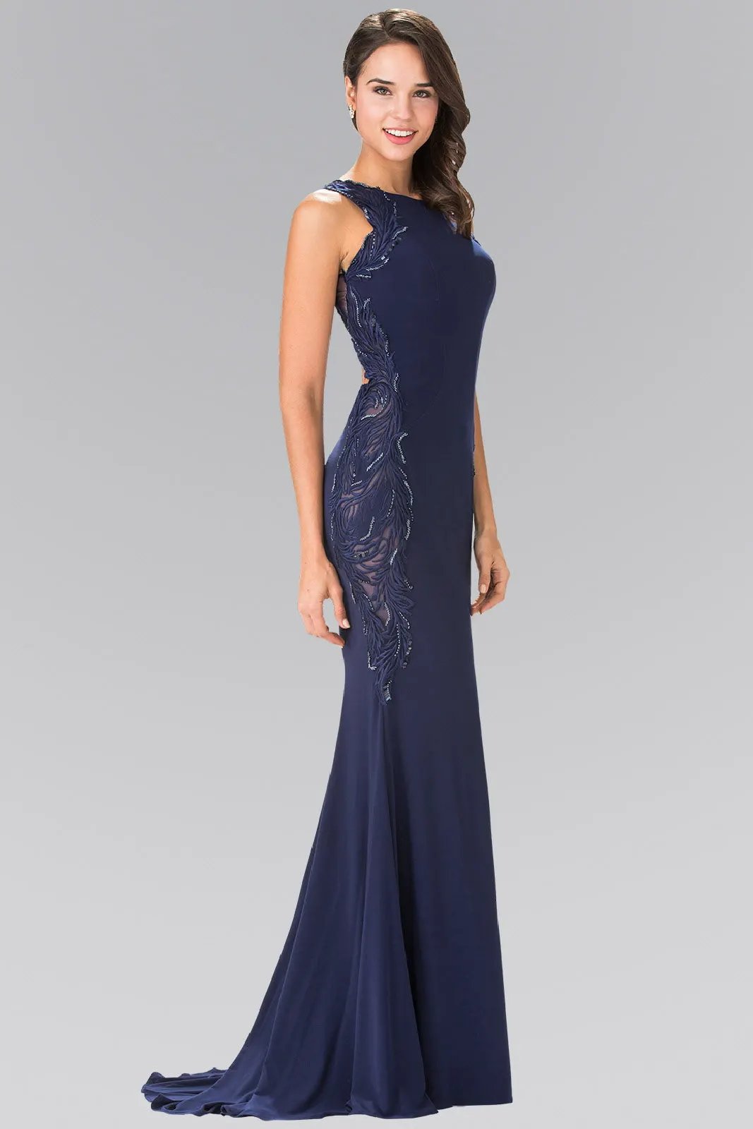 Open-Back Jersey Long Dress Accented with Side Embroidery by Tux-USA