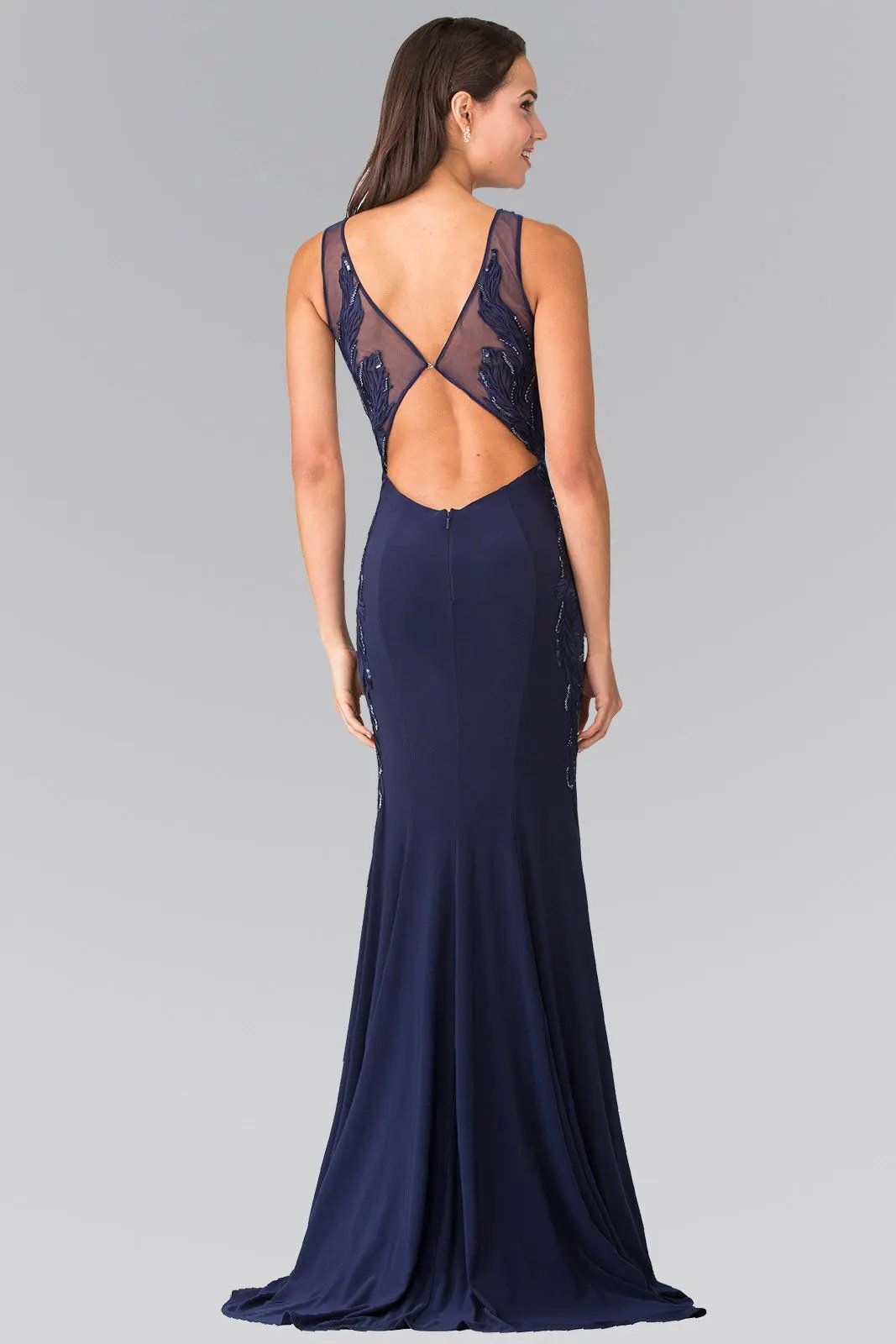 Open-Back Jersey Long Dress Accented with Side Embroidery by Tux-USA