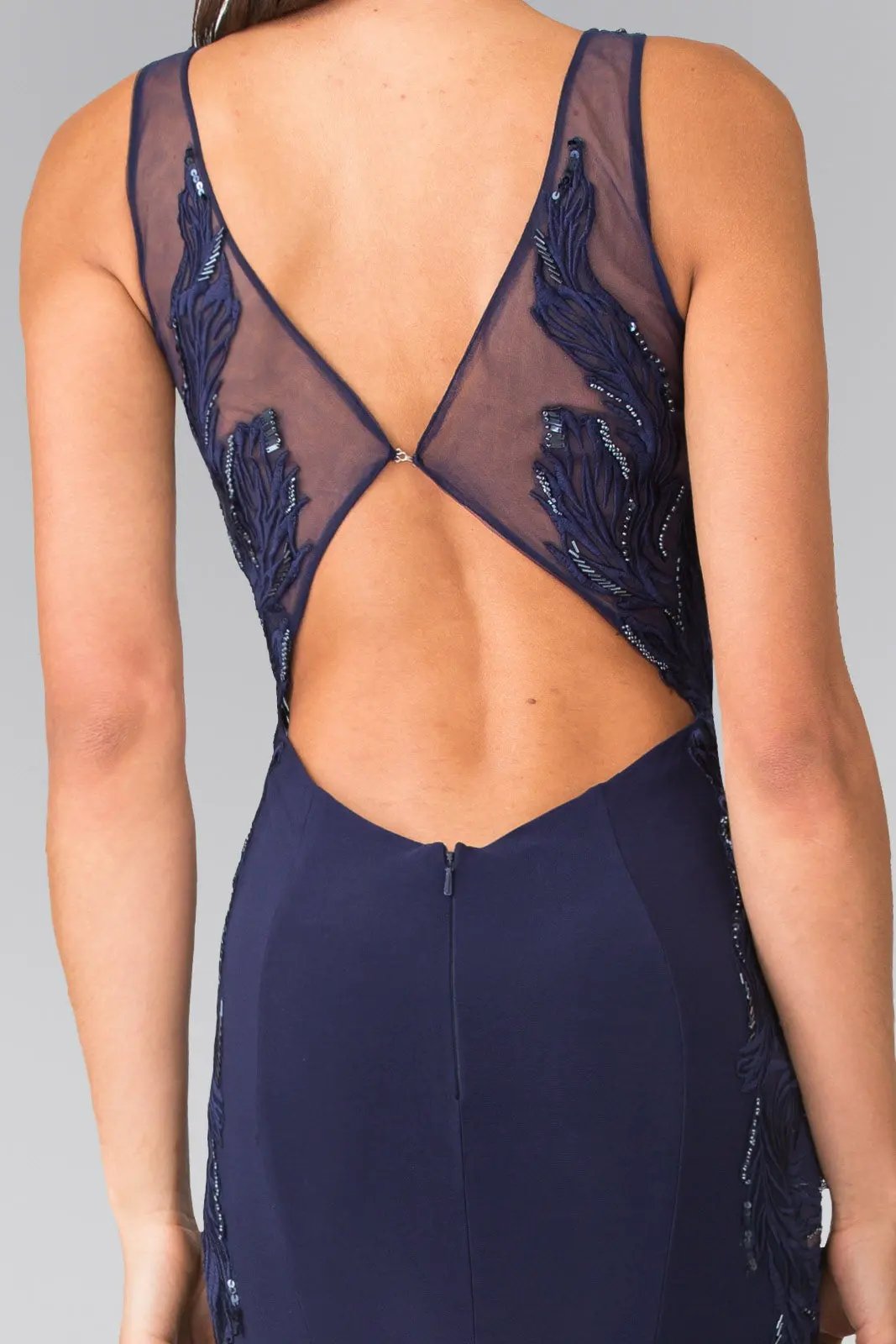 Open-Back Jersey Long Dress Accented with Side Embroidery by Tux-USA