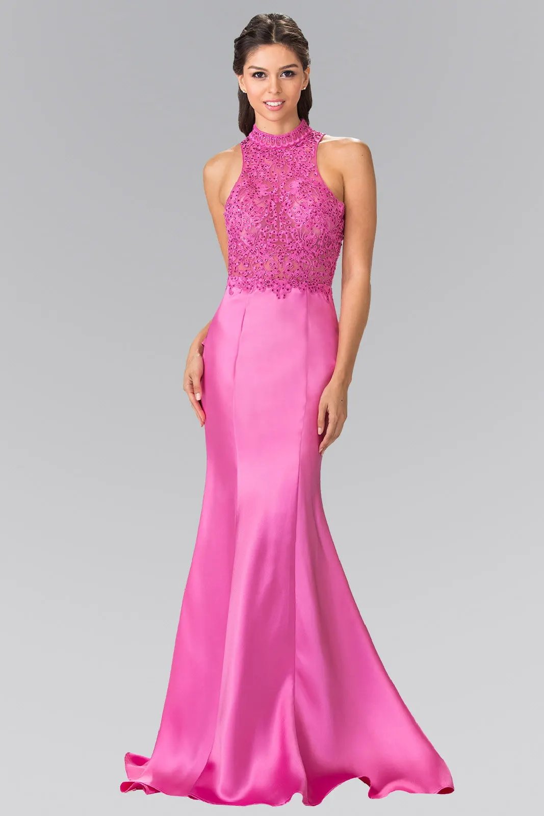 Long High-Neck Dress with Embroidered Bodice and Ruffle Back by Tux-USA