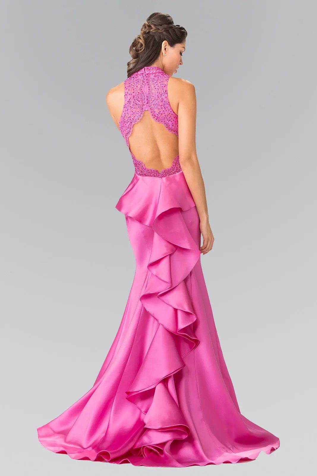 Long High-Neck Dress with Embroidered Bodice and Ruffle Back by Tux-USA