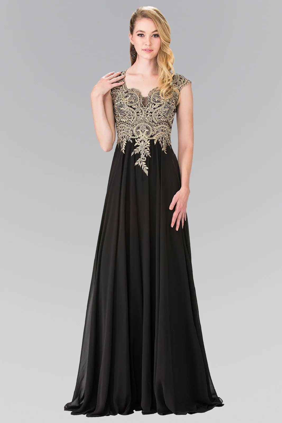 Full Embroidered Top Chiffon Long Dress with Sheer Back by Tux-USA
