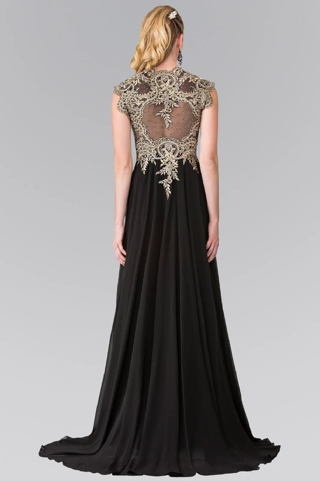 Full Embroidered Top Chiffon Long Dress with Sheer Back by Tux-USA