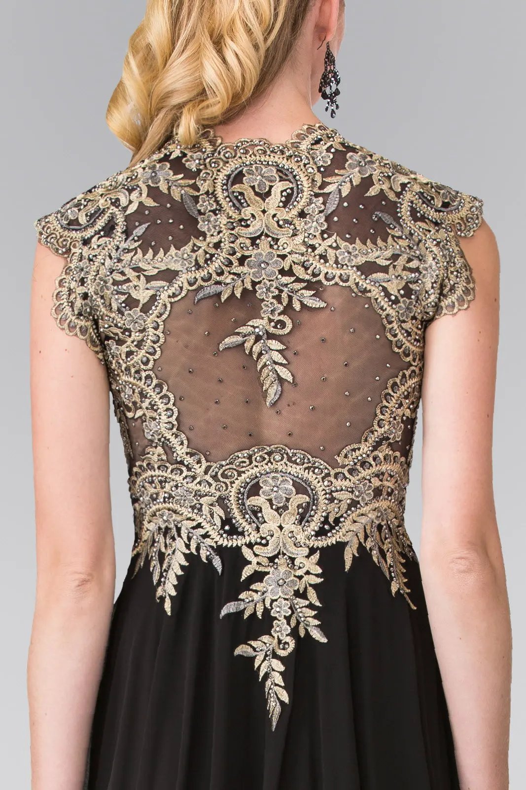 Full Embroidered Top Chiffon Long Dress with Sheer Back by Tux-USA