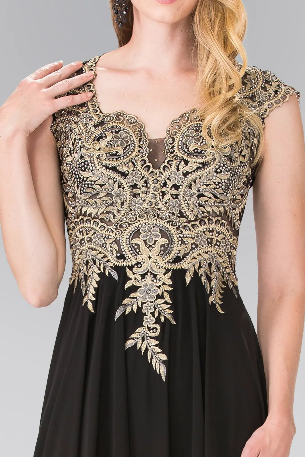 Full Embroidered Top Chiffon Long Dress with Sheer Back by Tux-USA