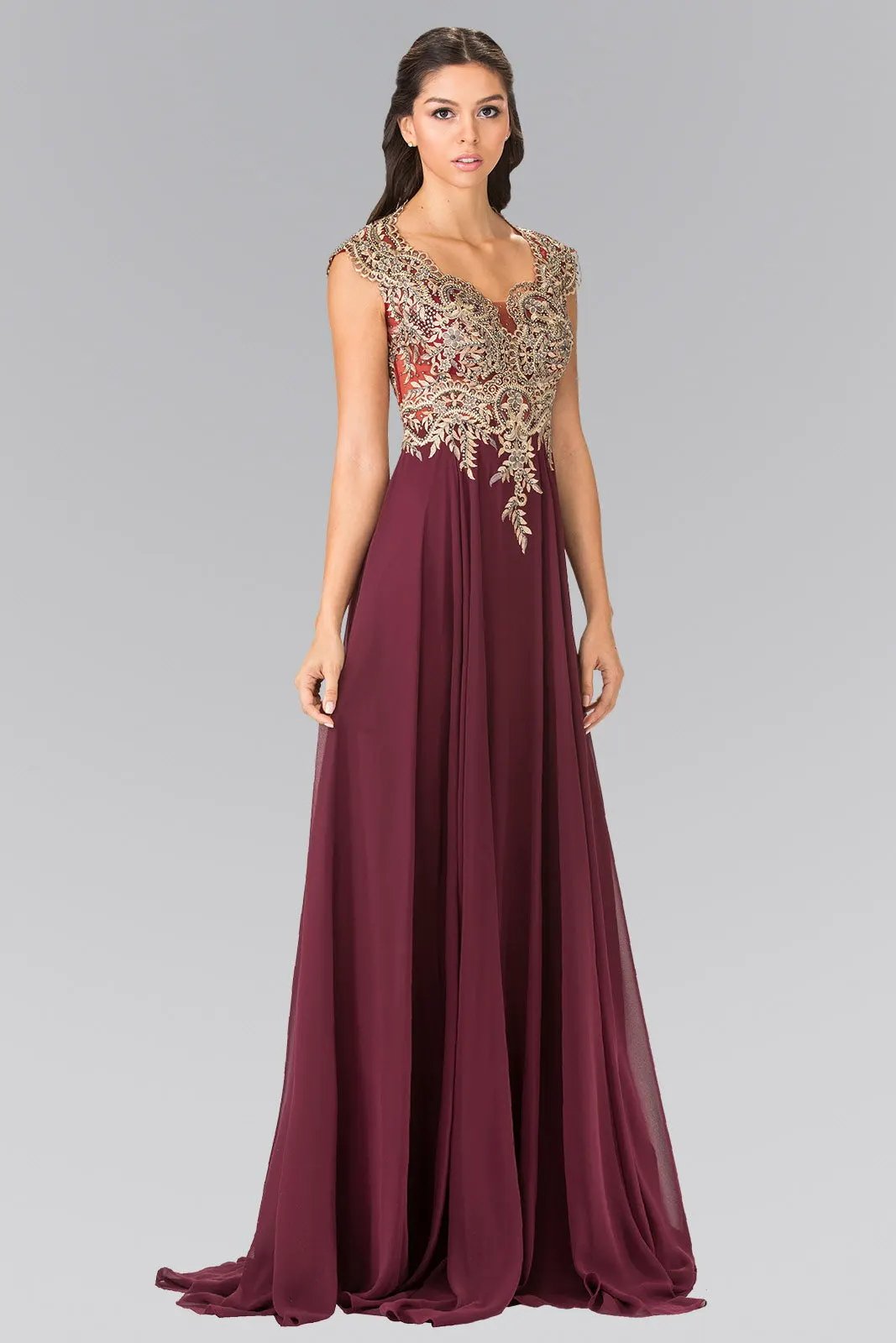 Full Embroidered Top Chiffon Long Dress with Sheer Back by Tux-USA
