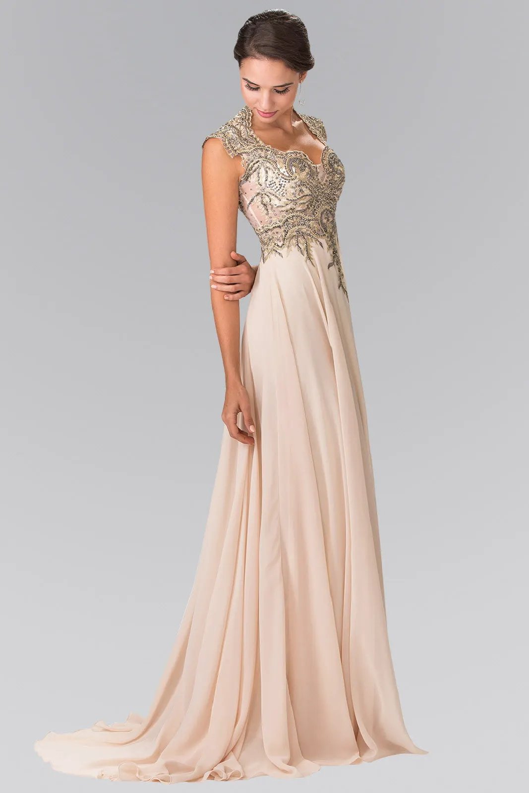 Full Embroidered Top Chiffon Long Dress with Sheer Back by Tux-USA