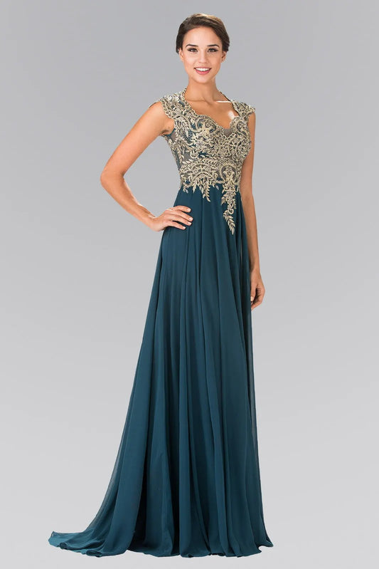 Full Embroidered Top Chiffon Long Dress with Sheer Back by Tux-USA