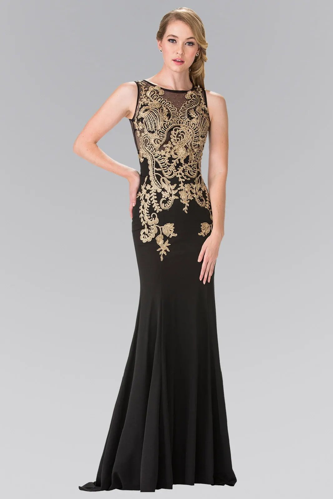 Embroidered Sleeveless Long Jersey Dress with Sheer Bodice by Tux-USA