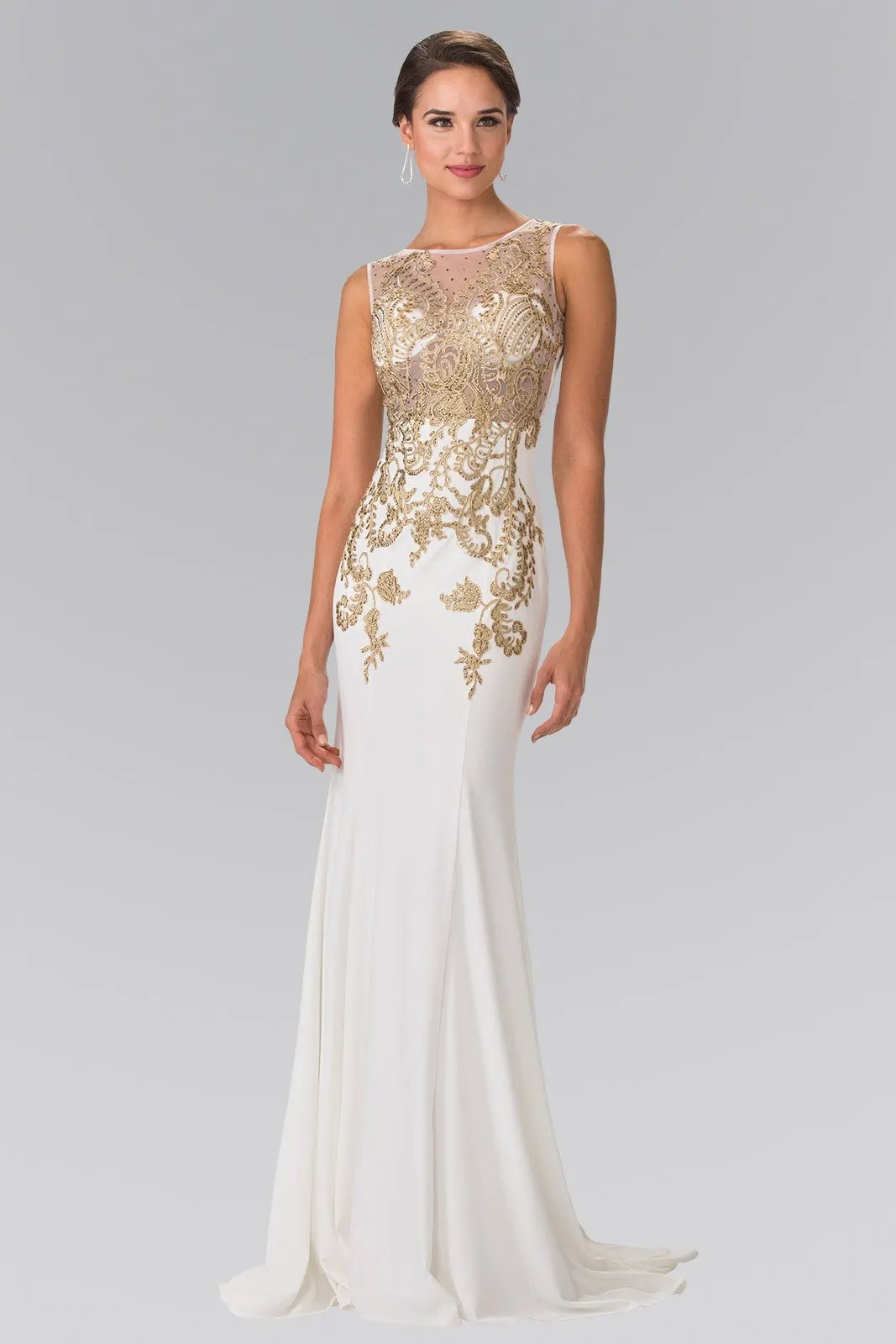 Embroidered Sleeveless Long Jersey Dress with Sheer Bodice by Tux-USA