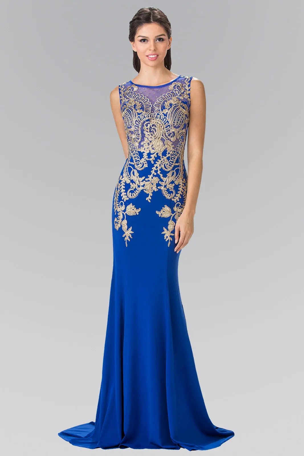 Embroidered Sleeveless Long Jersey Dress with Sheer Bodice by Tux-USA
