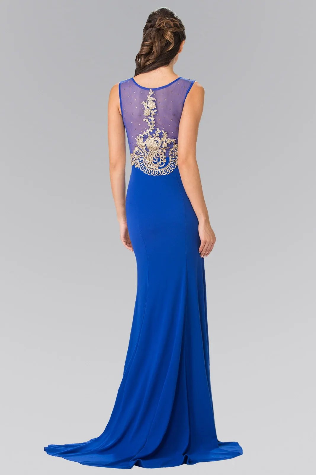 Embroidered Sleeveless Long Jersey Dress with Sheer Bodice by Tux-USA