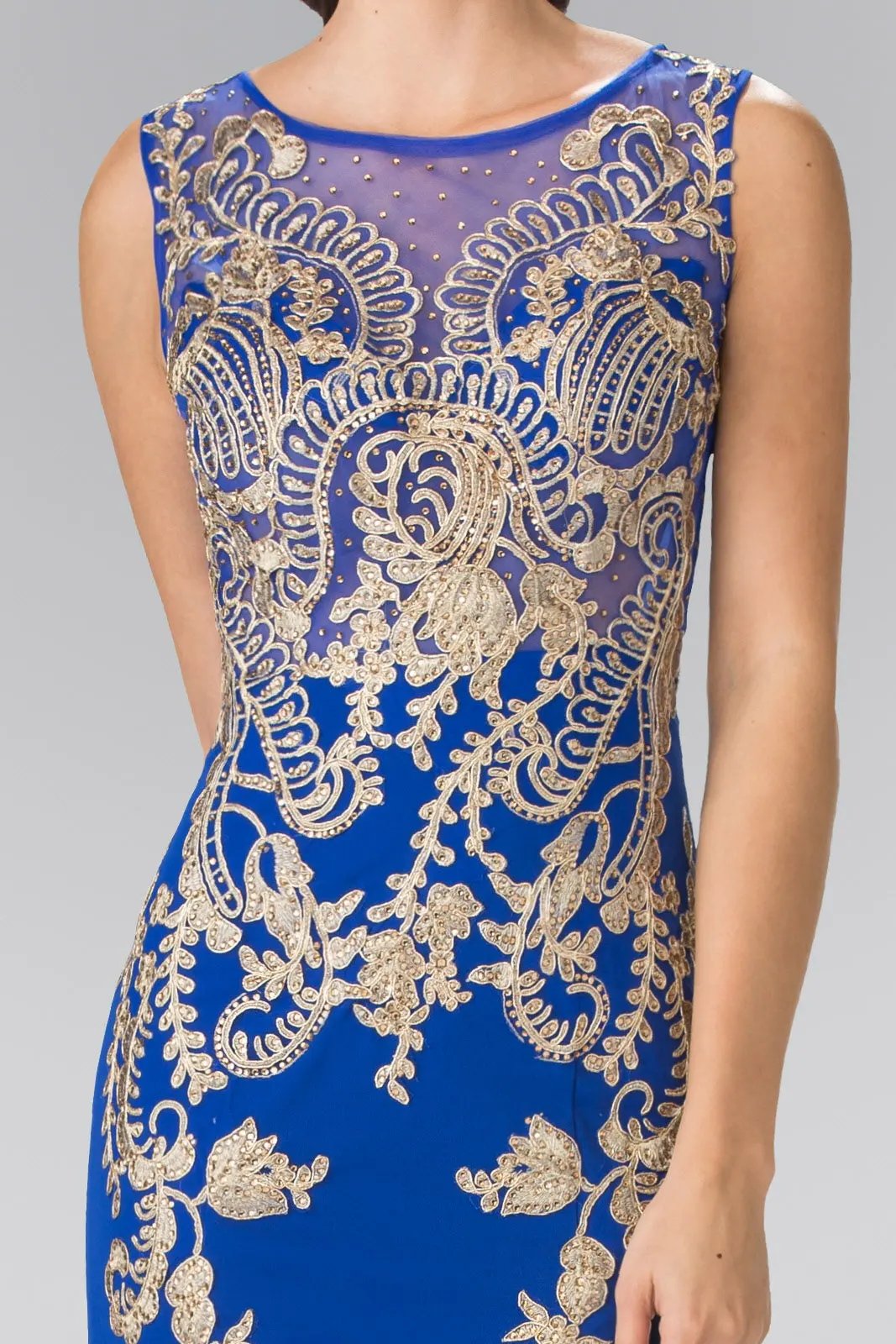 Embroidered Sleeveless Long Jersey Dress with Sheer Bodice by Tux-USA