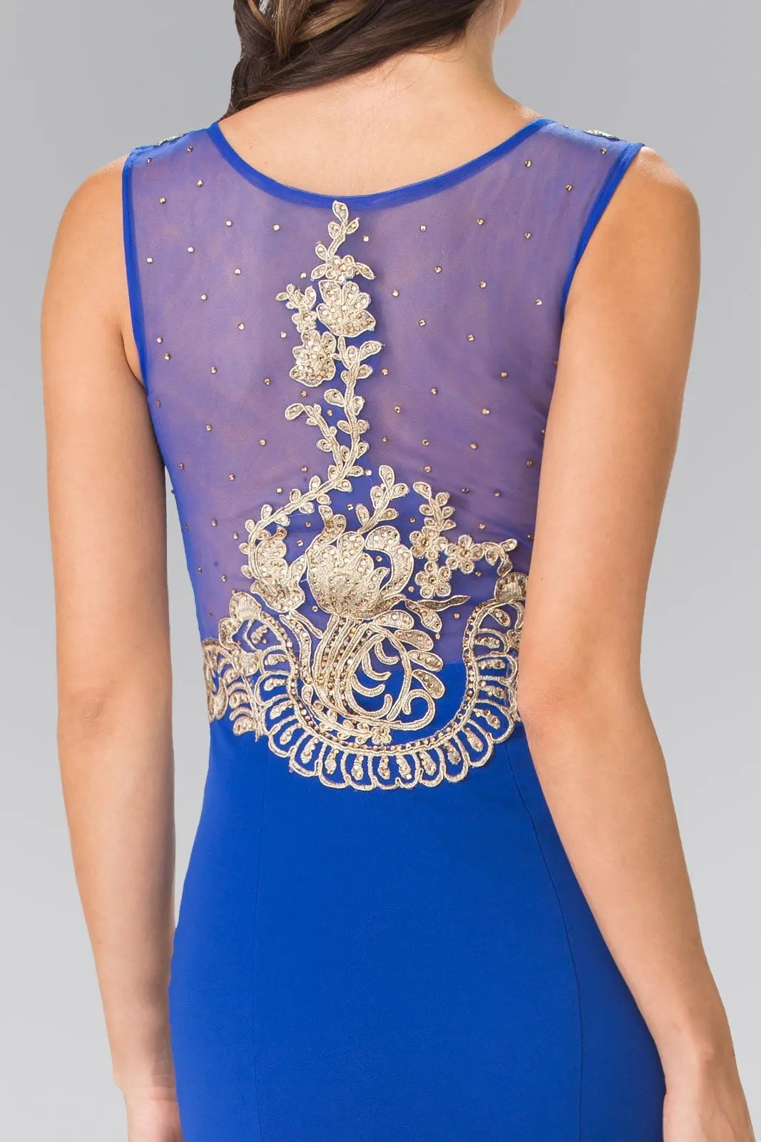 Embroidered Sleeveless Long Jersey Dress with Sheer Bodice by Tux-USA