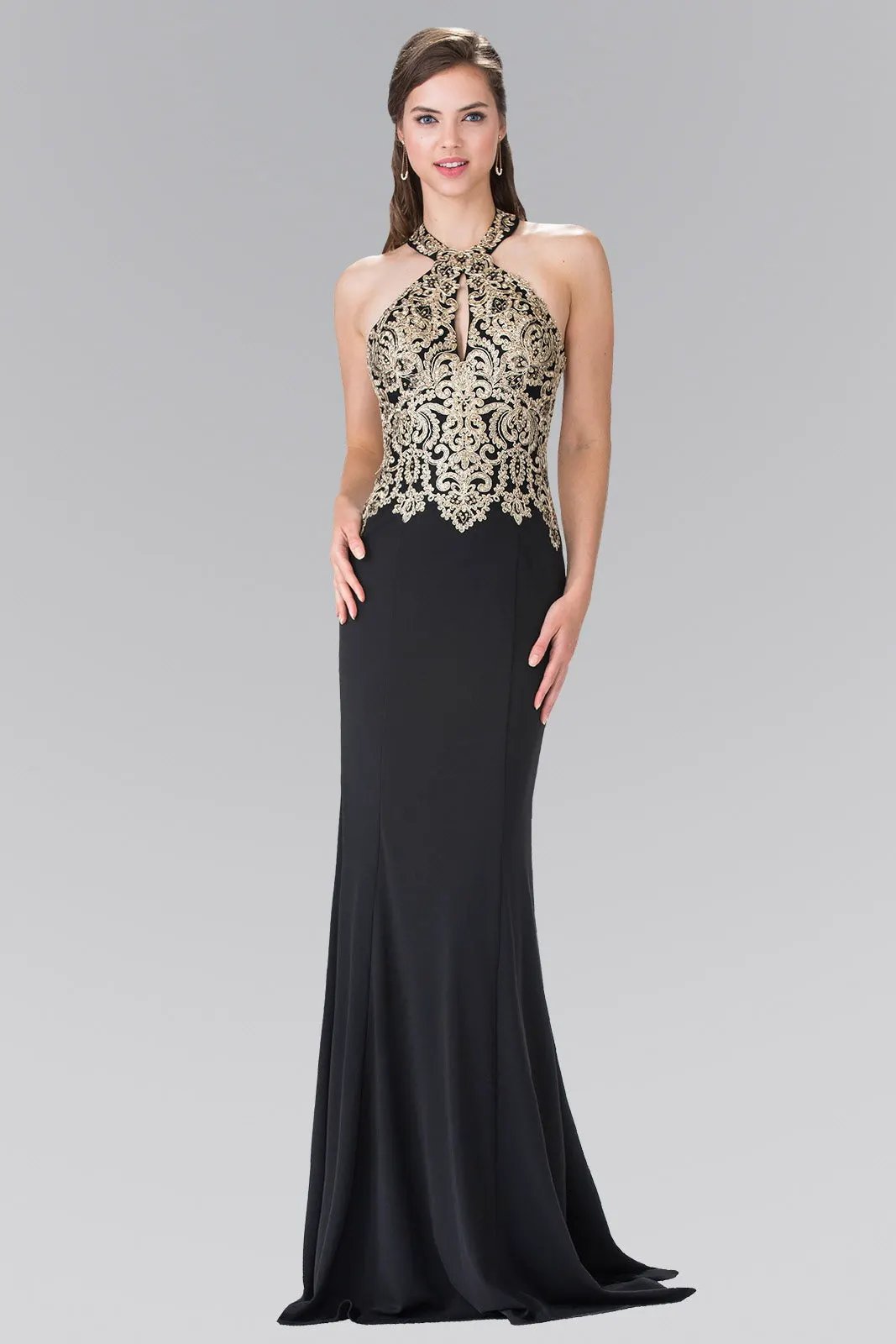 Embroidered Neck Halter Jersey Long Dress with Open Back by Tux-USA