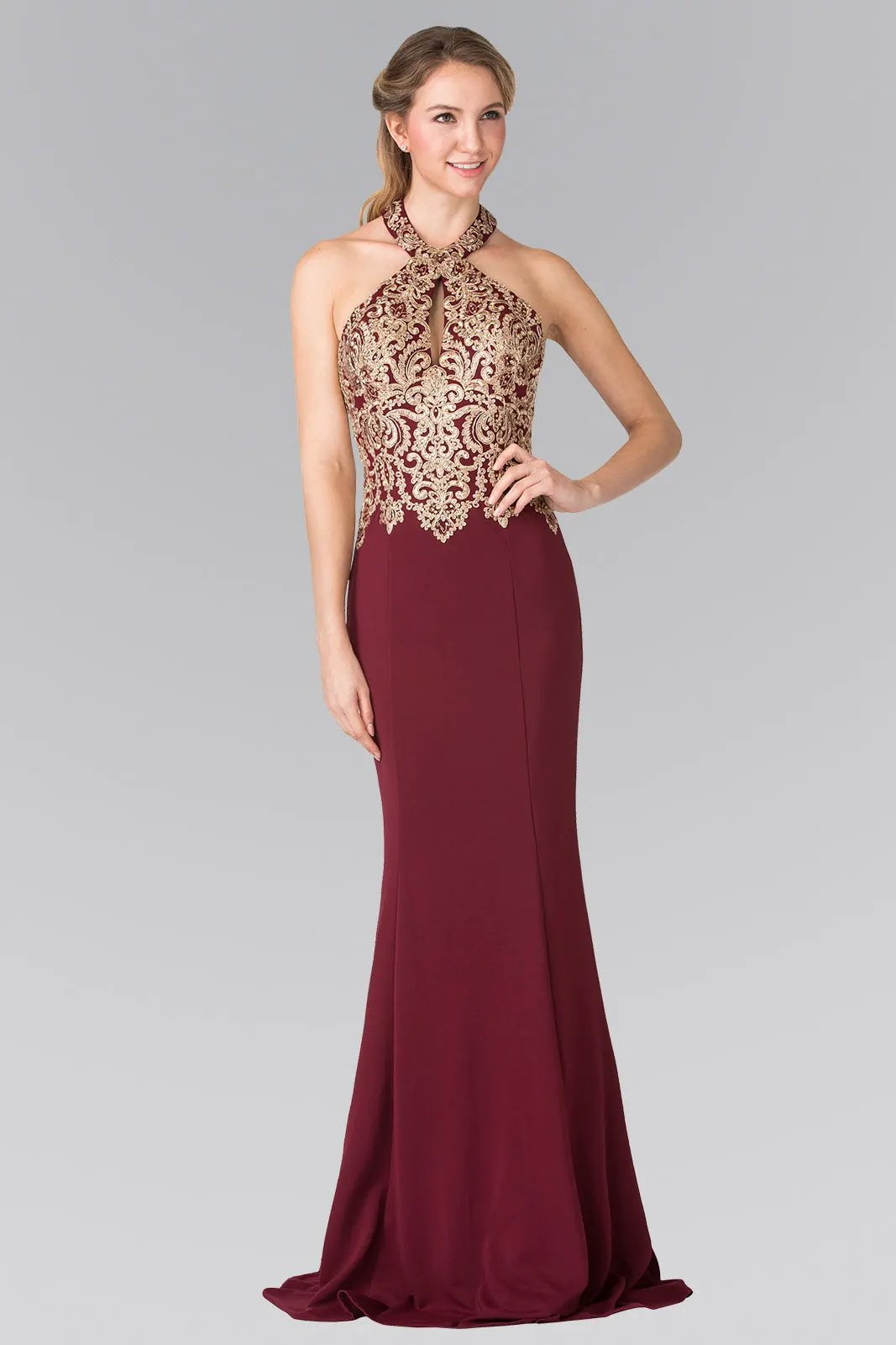 Embroidered Neck Halter Jersey Long Dress with Open Back by Tux-USA