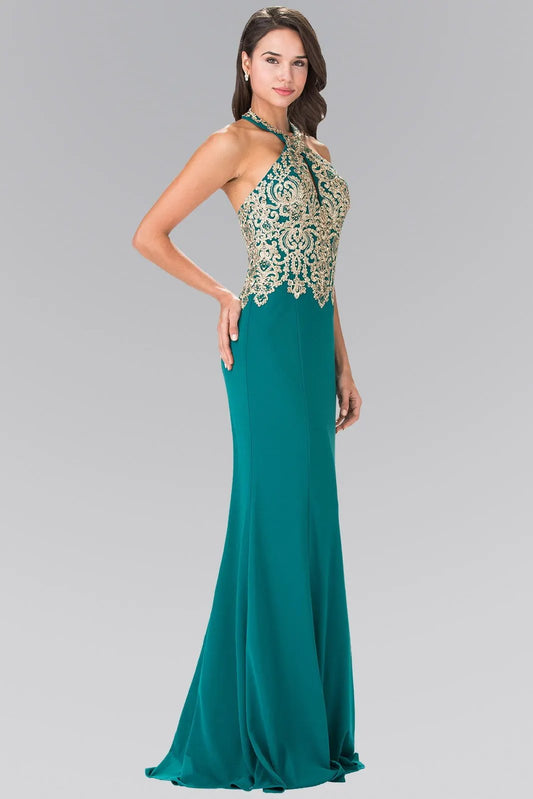Embroidered Neck Halter Jersey Long Dress with Open Back by Tux-USA