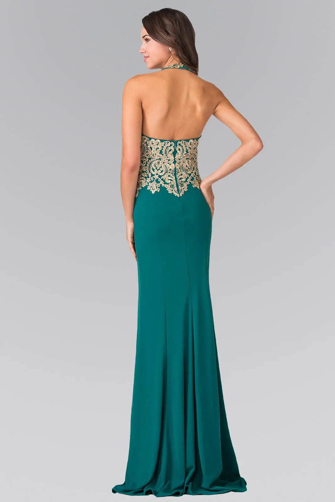 Embroidered Neck Halter Jersey Long Dress with Open Back by Tux-USA