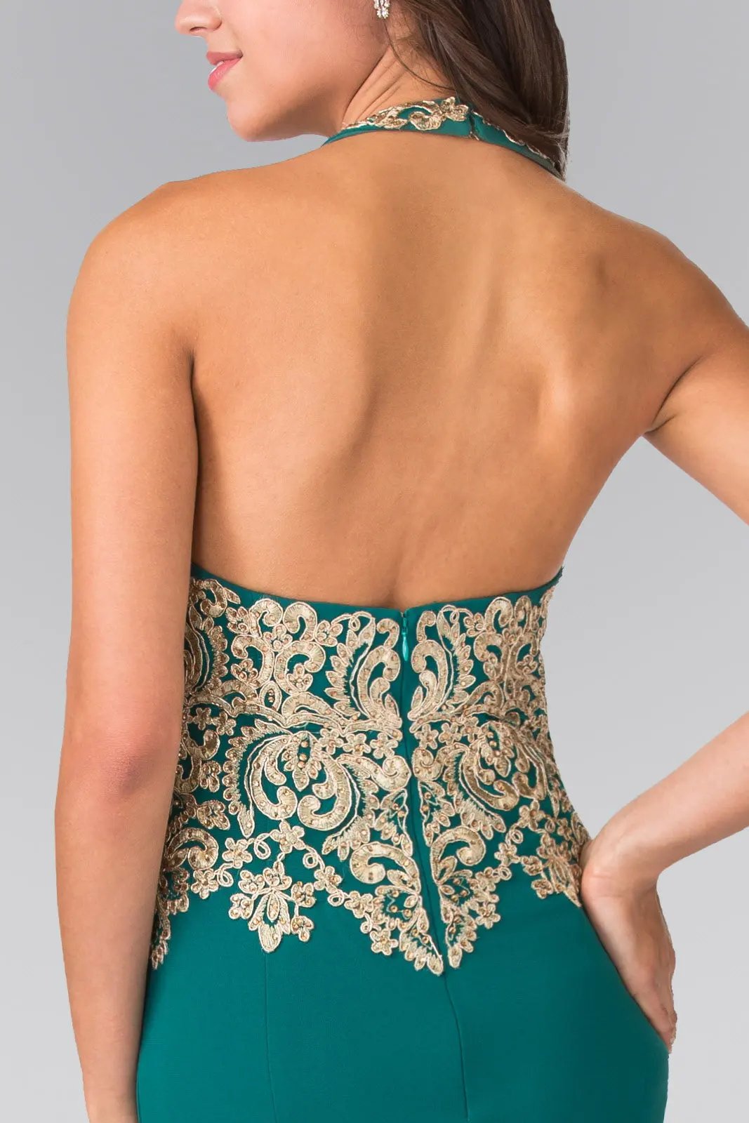 Embroidered Neck Halter Jersey Long Dress with Open Back by Tux-USA