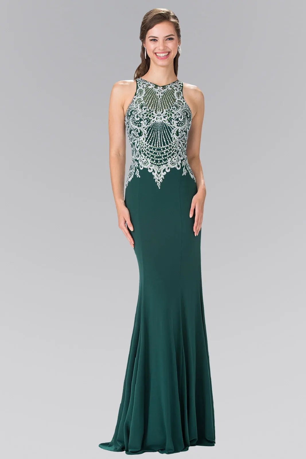 Dress Embroidered Illusion Jersey Mermaid Satin Gown Royal Blue by Tux-USA