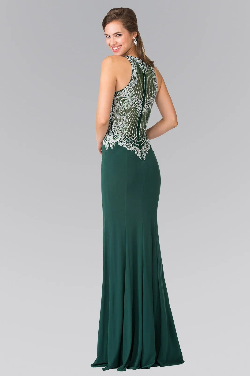 Dress Embroidered Illusion Jersey Mermaid Satin Gown Royal Blue by Tux-USA