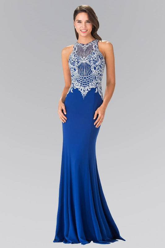 Dress Embroidered Illusion Jersey Mermaid Satin Gown Royal Blue by Tux-USA