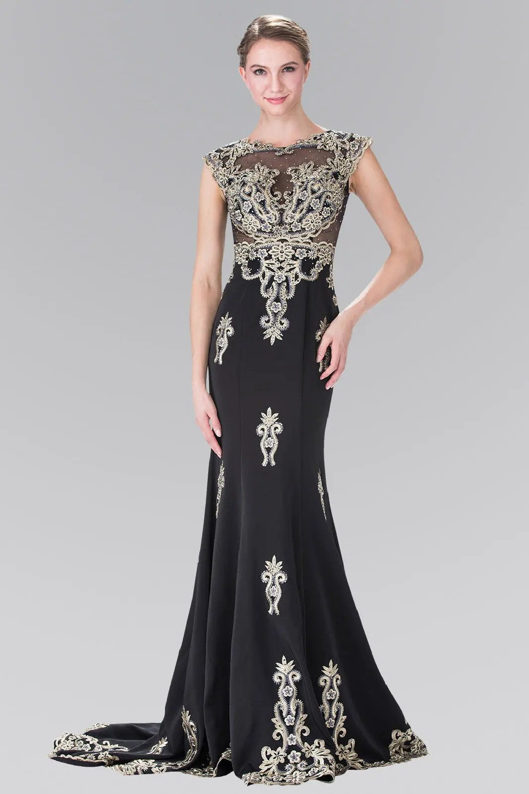 Beads Embellished Embroidery Jersey Long Dress by Tux-USA