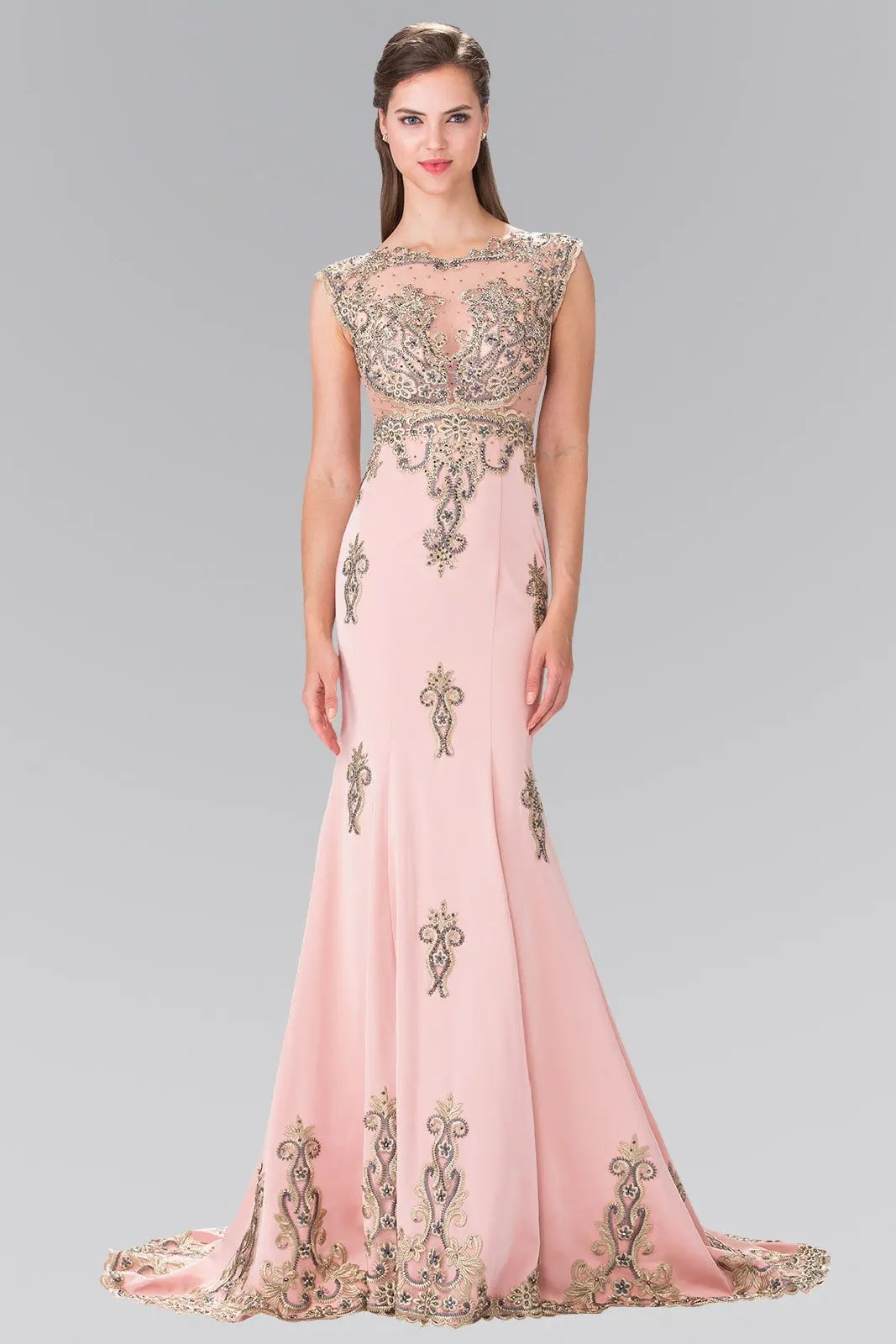 Beads Embellished Embroidery Jersey Long Dress by Tux-USA