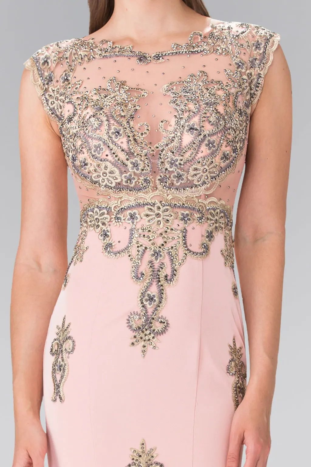 Beads Embellished Embroidery Jersey Long Dress by Tux-USA