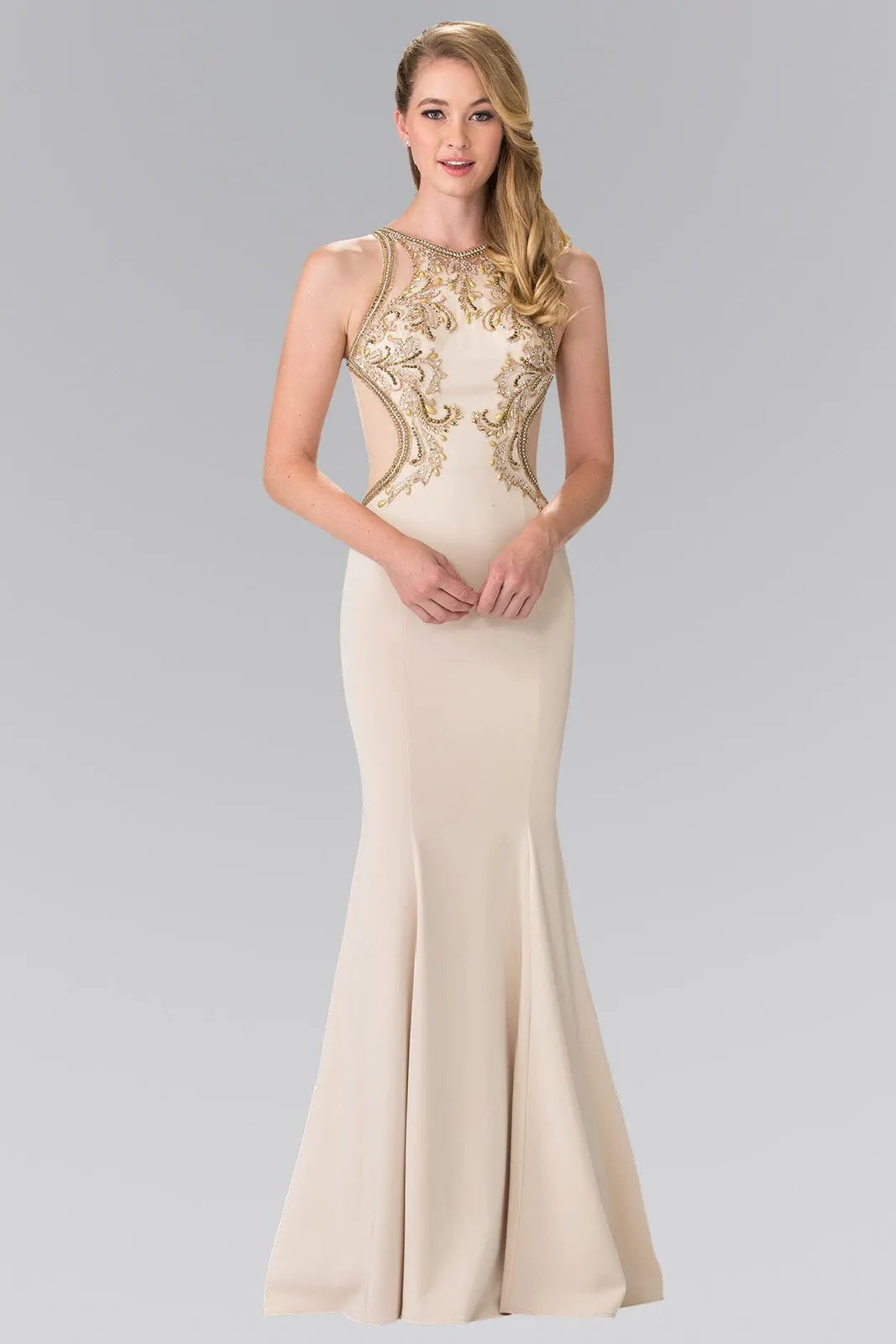Tux USA Beads Embellished Jersey Long Dress With Sheer Back For Prom by Tux-USA