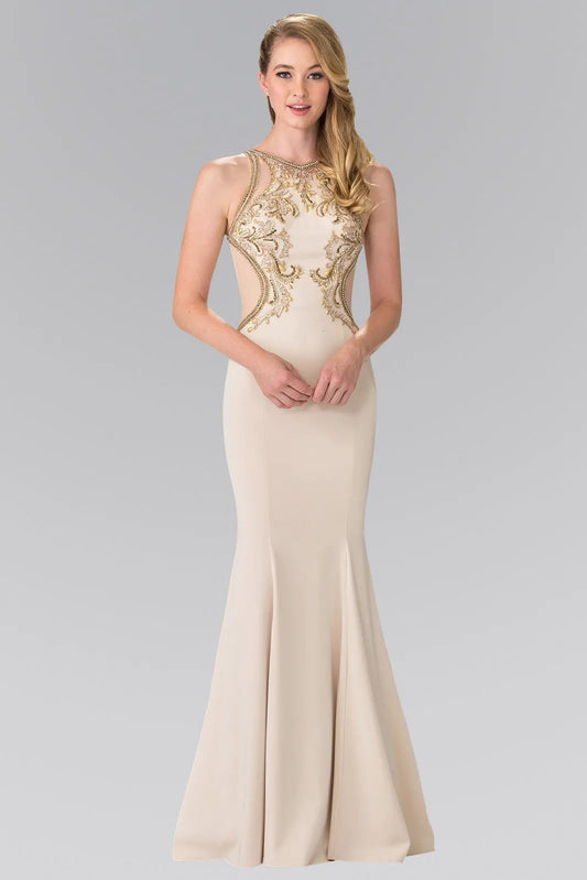 Tux USA Beads Embellished Jersey Long Dress With Sheer Back For Prom by Tux-USA