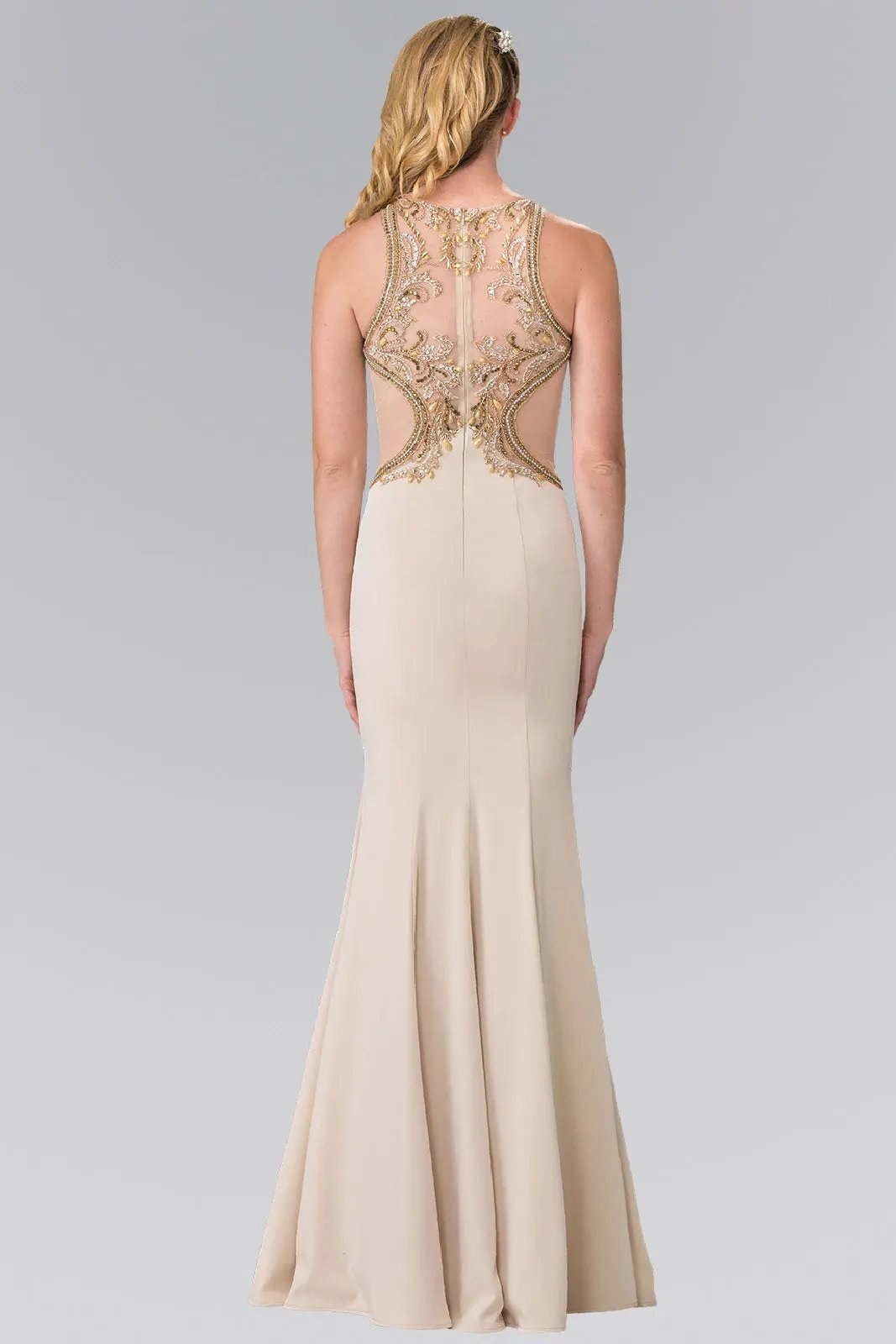 Tux USA Beads Embellished Jersey Long Dress With Sheer Back For Prom by Tux-USA