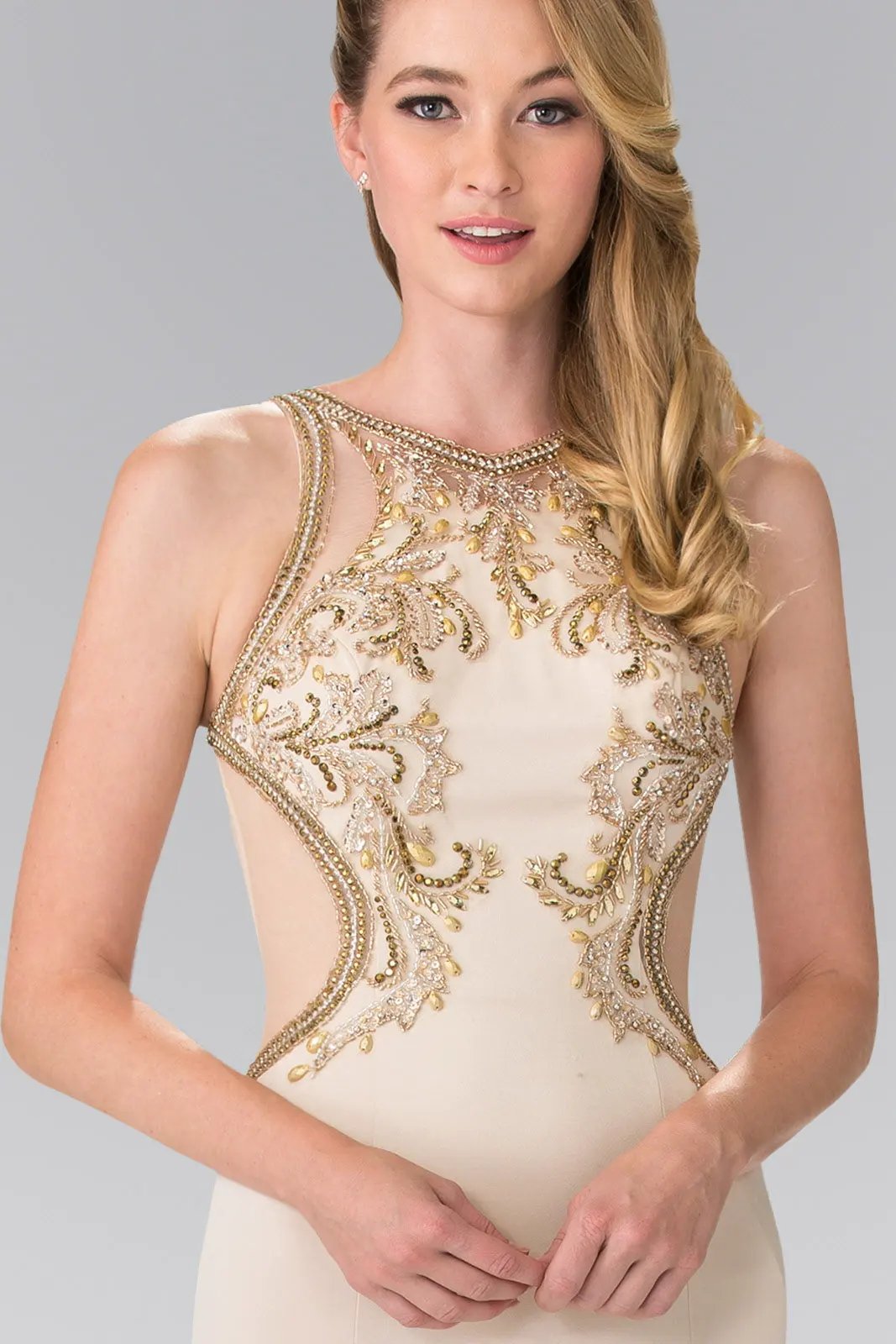 Tux USA Beads Embellished Jersey Long Dress With Sheer Back For Prom by Tux-USA