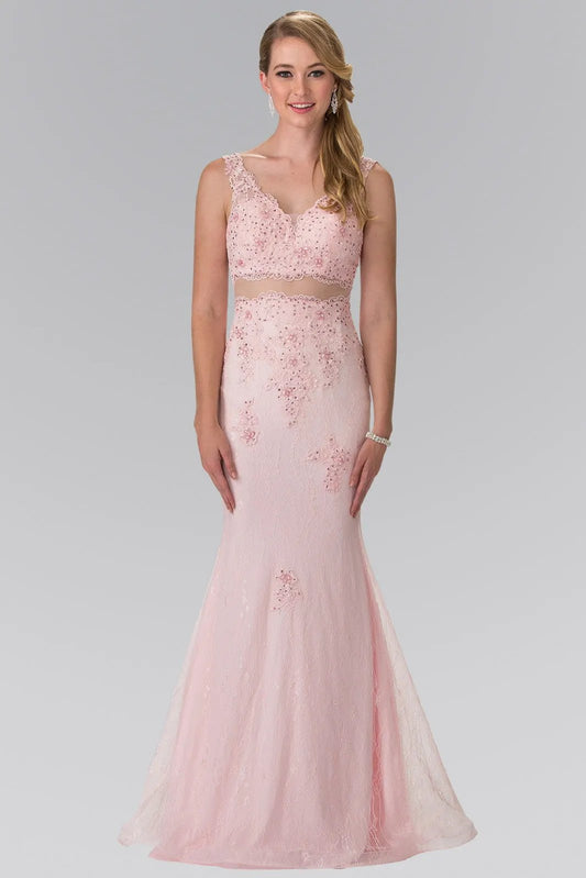 Mock Two-Piece V-Neck Embroidered Lace Long Dress by Tux-USA