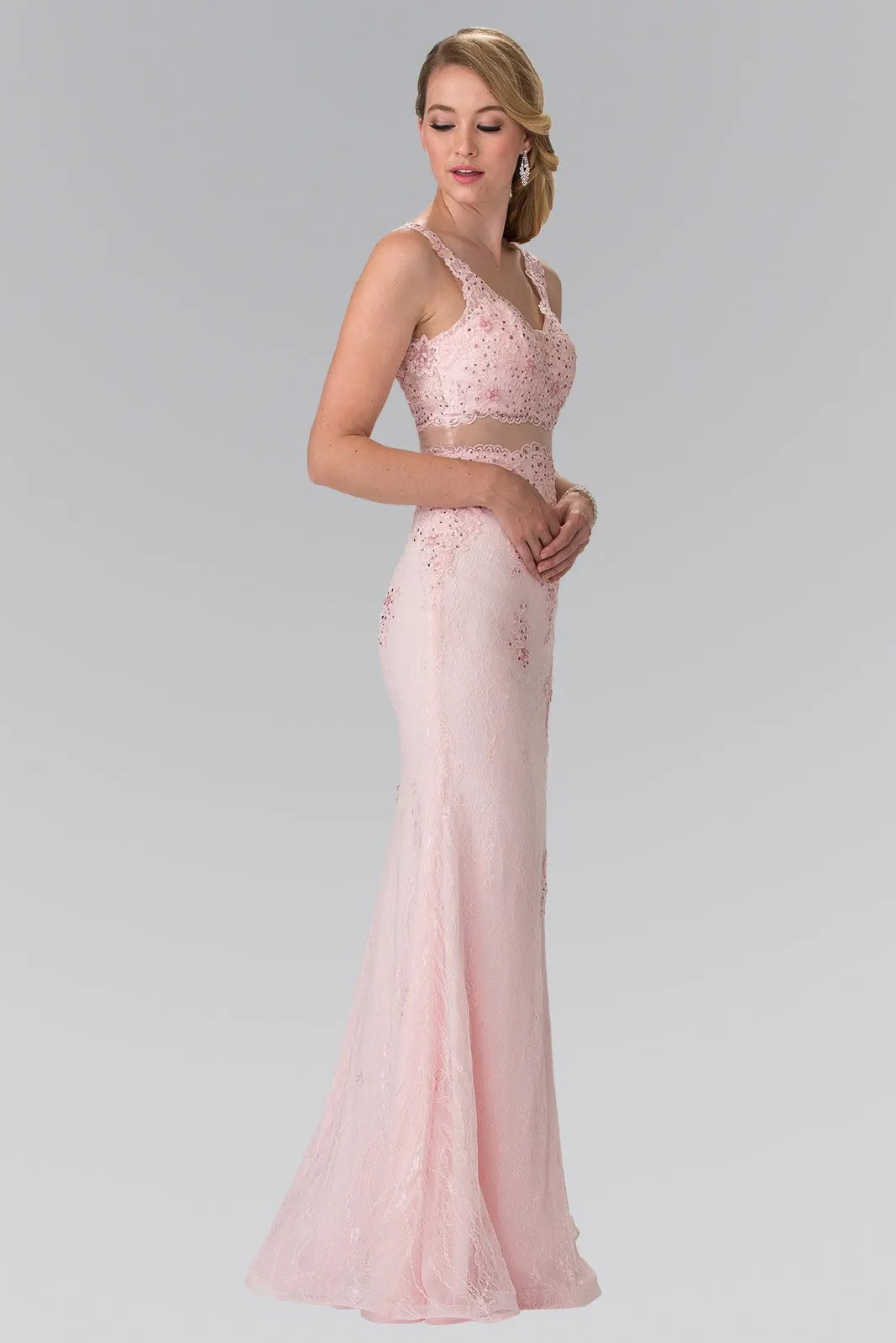 Mock Two-Piece V-Neck Embroidered Lace Long Dress by Tux-USA