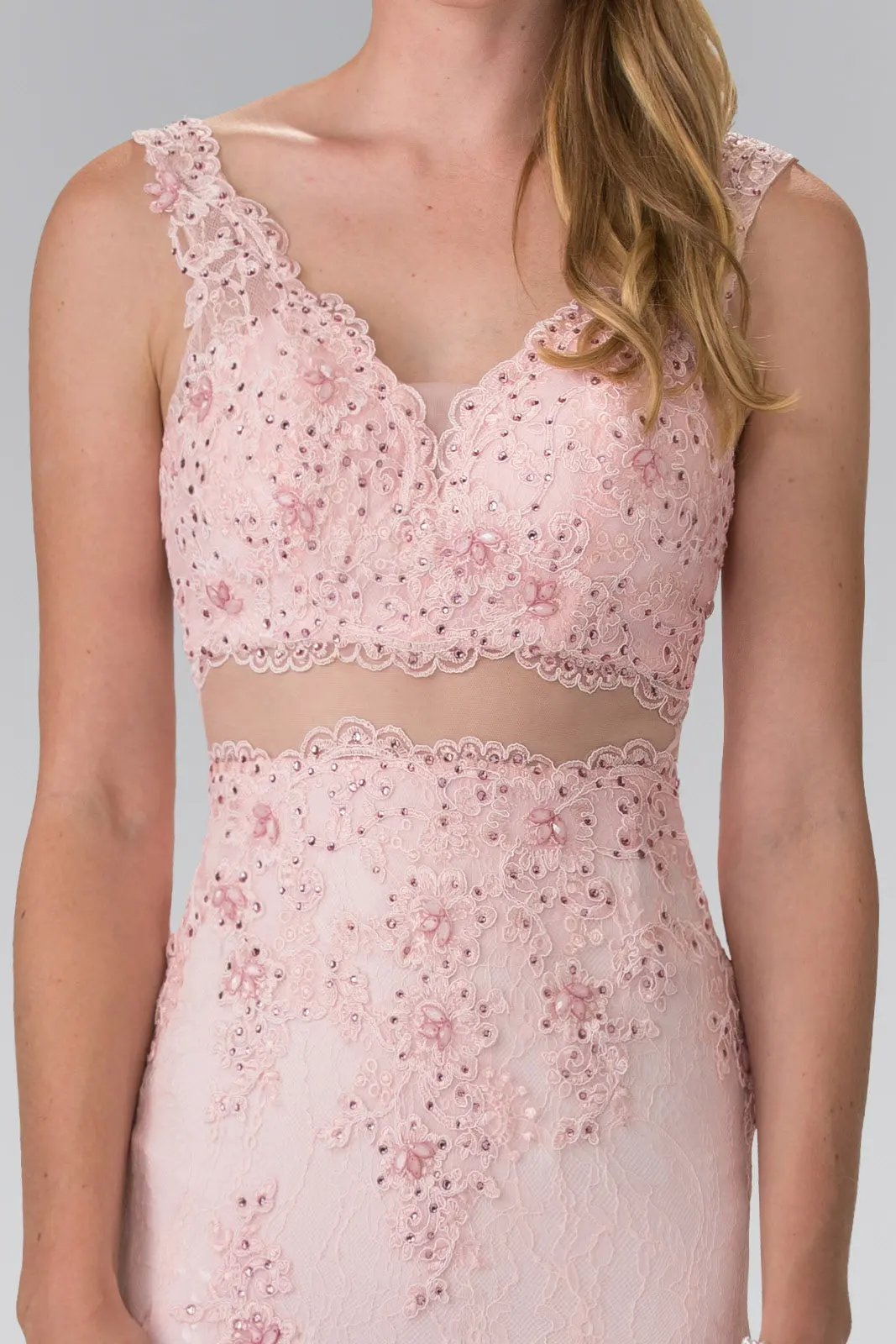 Mock Two-Piece V-Neck Embroidered Lace Long Dress by Tux-USA